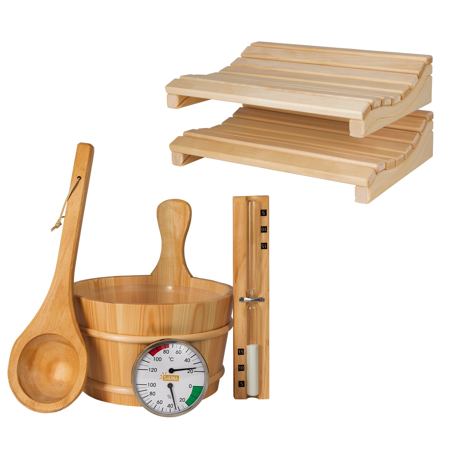 Bundle klassisches Sauna-Zubehörset 5-teilig mit 2x Kopfstütze Marie, Sauna-Set aus naturbelassenem Holz