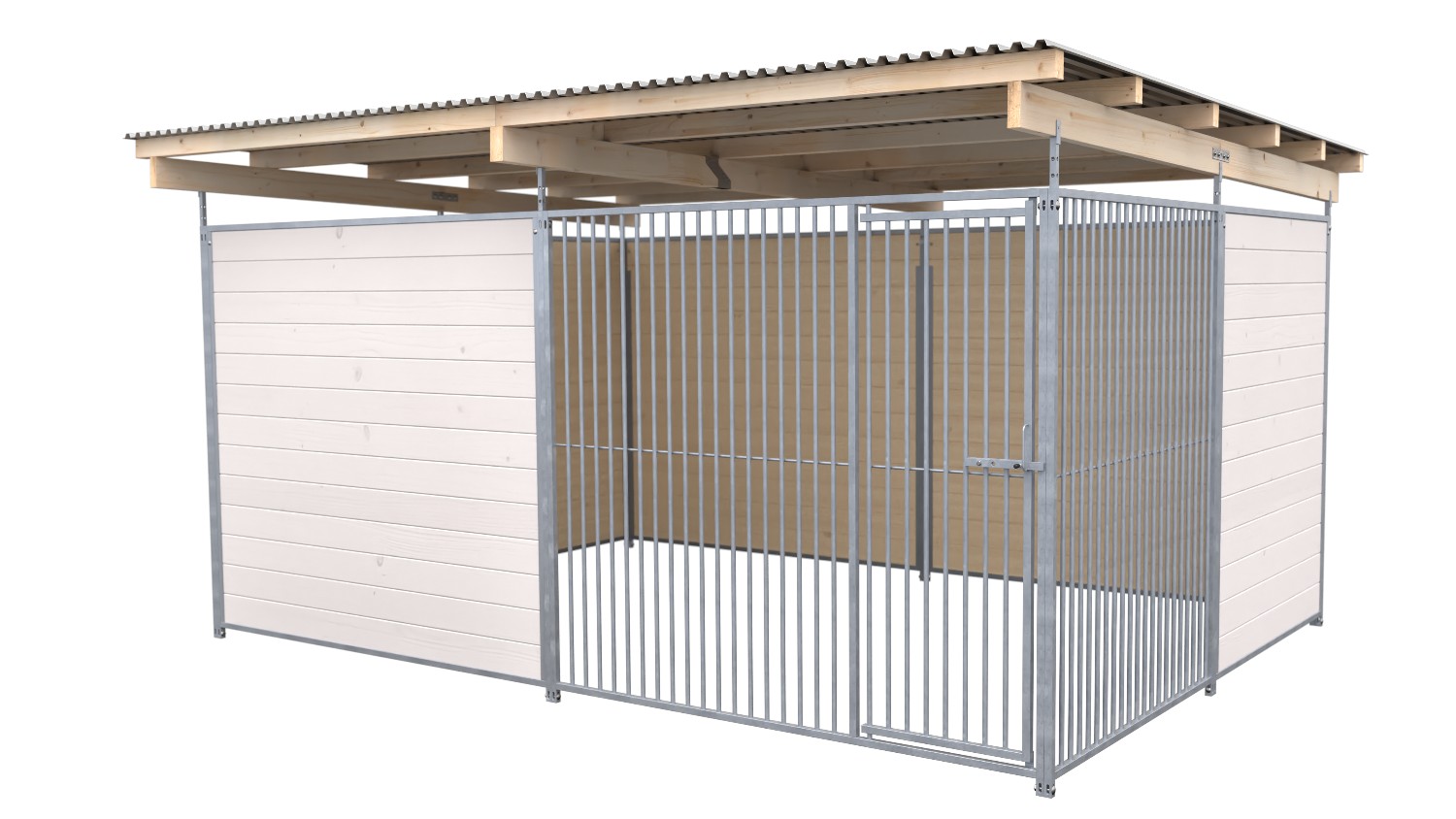 SAUERLAND Hundezwinger 3 x 4 m | offene Ecke | weiß lasiert | Rohrstab Abstand 5 cm