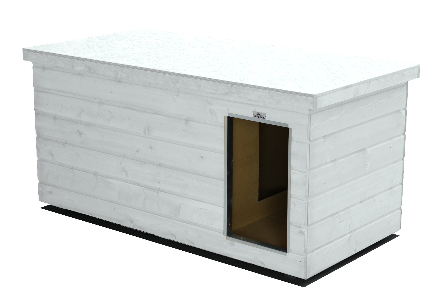 Original SAUERLAND Holz-Hundehütte mit Vorraum, weiß | Flachdach Dickschicht | Eingang Längsseite | Größe Lassie