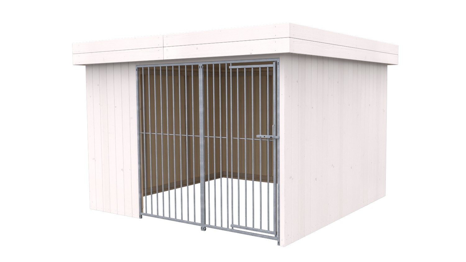 Villa Holz-Hundezwinger 3 x 3 m | Flachdach | Weiß lasiert | Rohrstab Abstand 8 cm