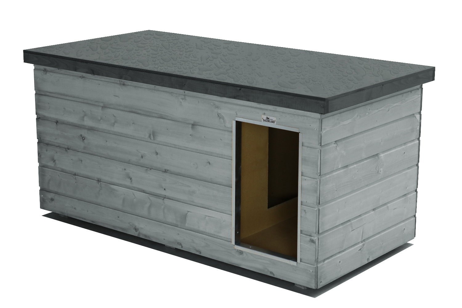 Original SAUERLAND Holz-Hundehütte mit Vorraum, platingrau/graphitgrau | Flachdach Dickschicht | Eingang Längsseite | Größe Lassie