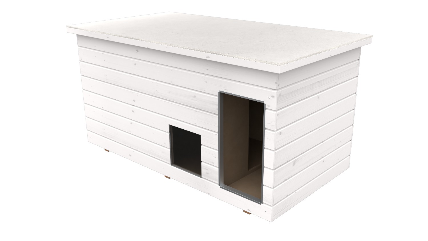 Original SAUERLAND Holz-Hundehütte mit Vorraum und Fenster, weiß imprägniert | Flachdach | Eingang Längsseite | Größe Dino