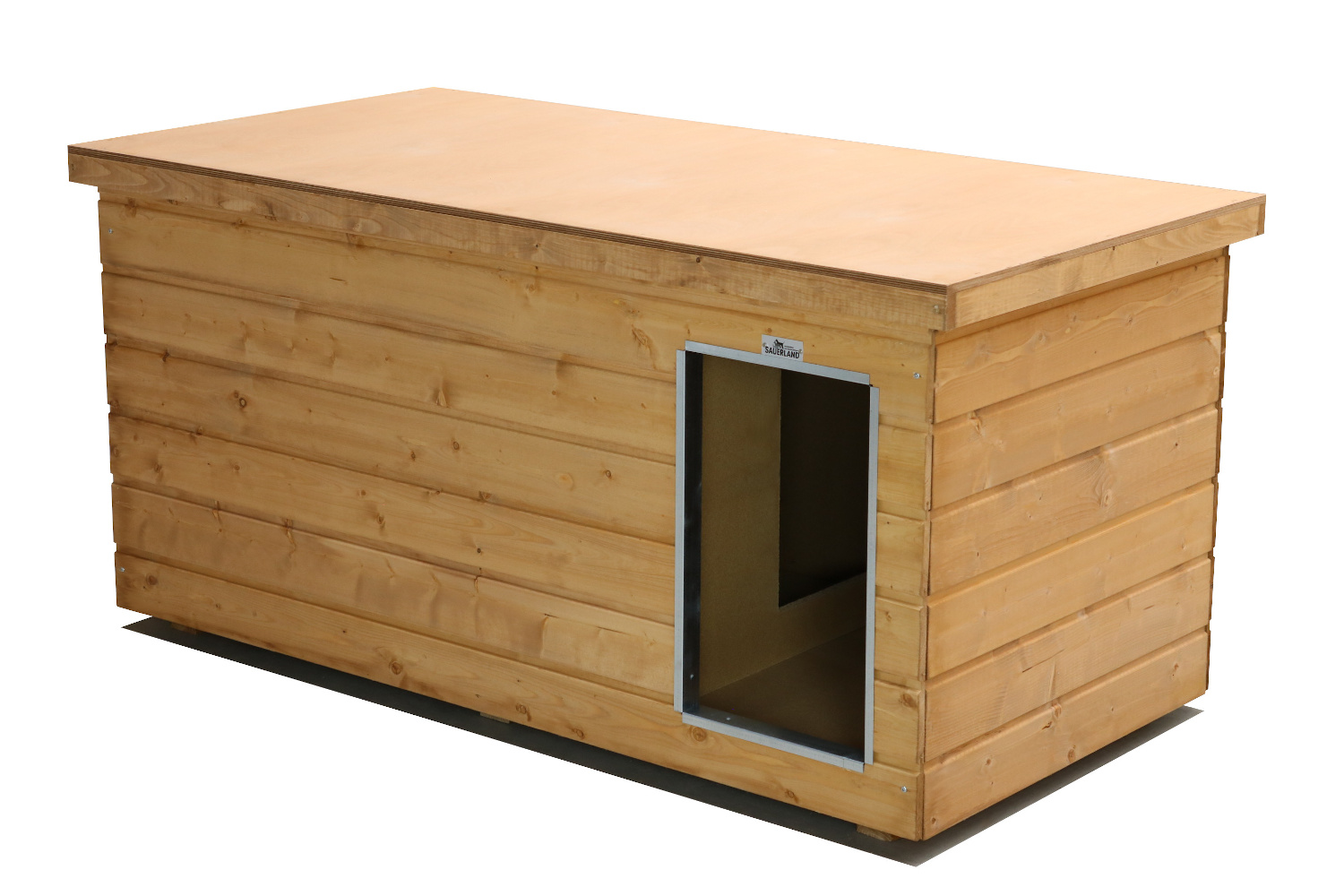 Original SAUERLAND Holz-Hundehütte mit Vorraum, braun imprägniert | Flachdach | Eingang Längsseite | Größe Lassie