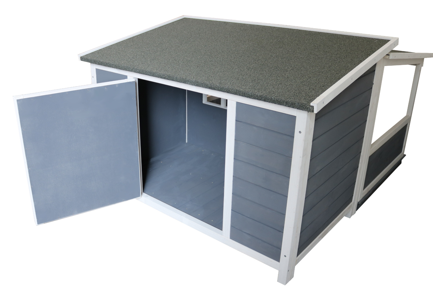 Hundehütte mit Terrasse, Wartungsklappe geöffnet