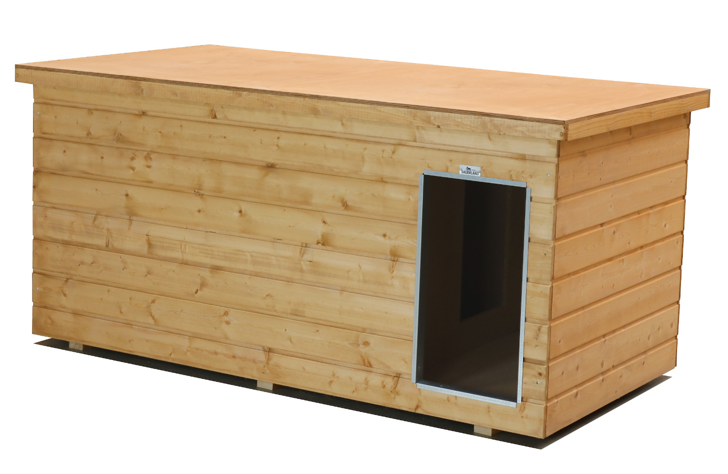 Original SAUERLAND Holz-Hundehütte mit Vorraum, braun imprägniert | Flachdach Dickschicht | Eingang Längsseite | Größe Dino