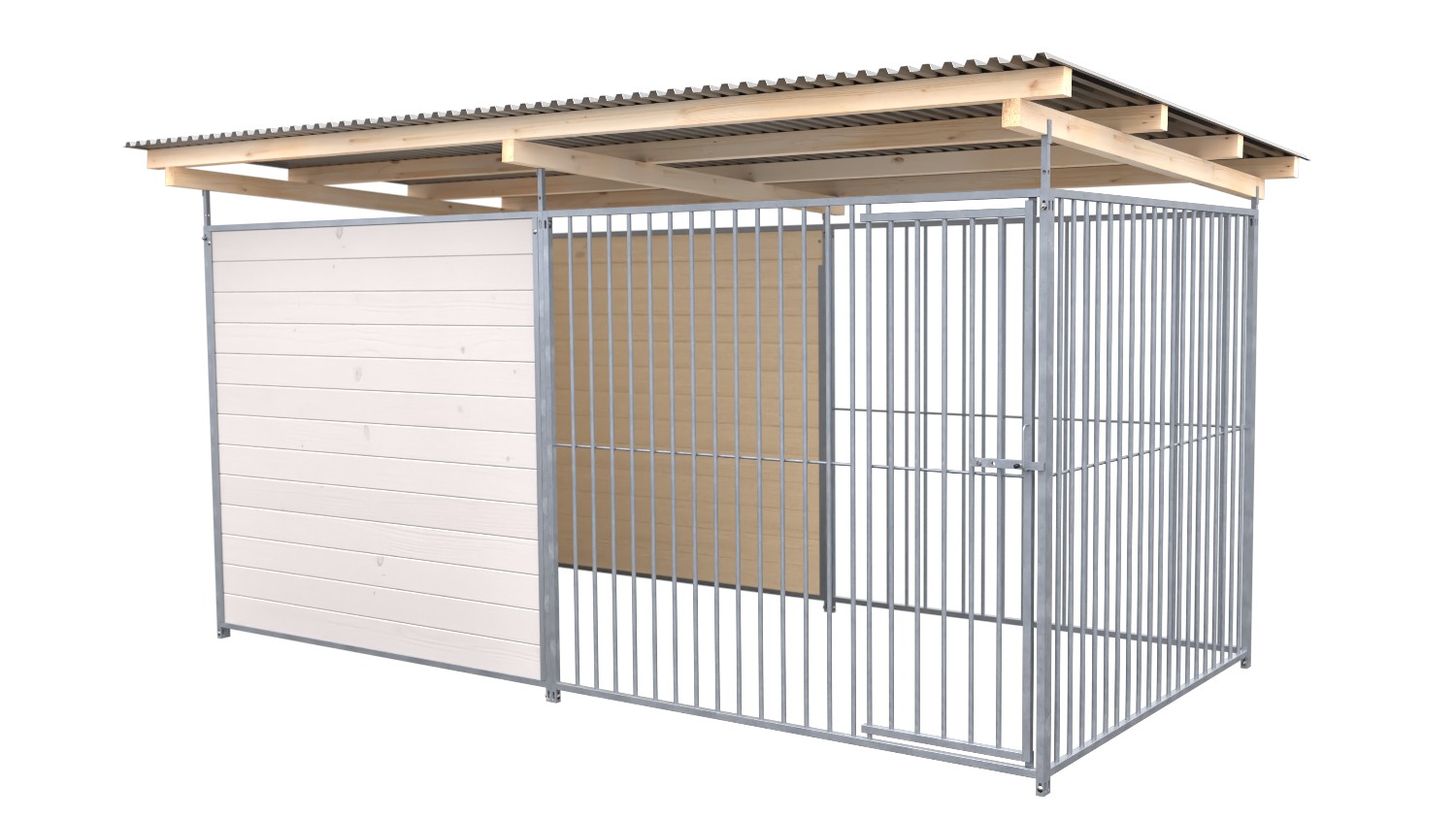 SAUERLAND Hundezwinger 2 x 4 m | hälftig geschlossen | weiß lasiert | Rohrstab Abstand 8 cm