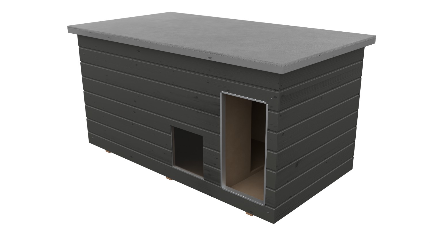 Original SAUERLAND Holz-Hundehütte mit Vorraum und Fenster, Korpus graphit/Dach platin imprägniert | Flachdach Dickschicht | Eingang Längsseite | 
