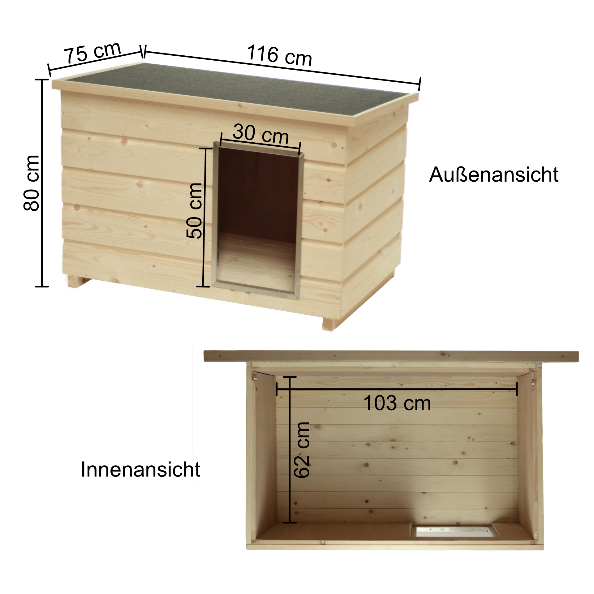 Holz-Hundehütte isoliert, naturbelassen mit aufklappbarem Flachdach