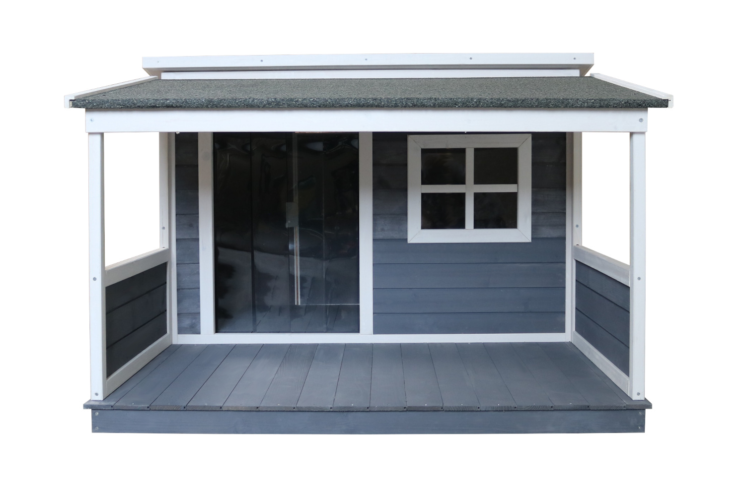 Holz-Hundehütte mit Pultdach und Terrasse, grau-weiß lasiert, wetterfest