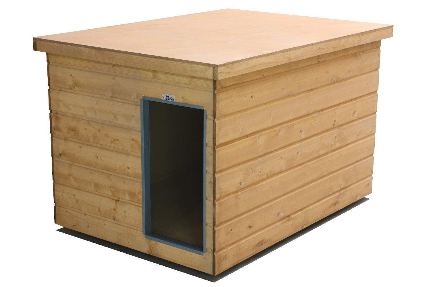 Original SAUERLAND Holz-Hundehütte, braun imprägniert |Flachdach | Eingang Schmalseite | Größe Dino