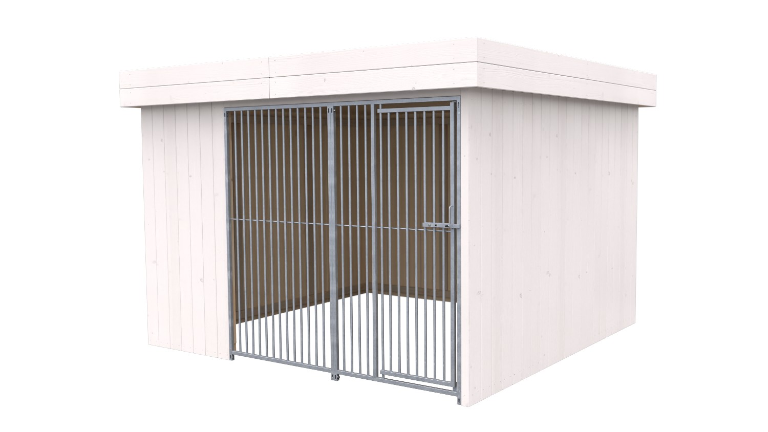 Villa Holz-Hundezwinger 3 x 3 m | Flachdach | Weiß lasiert | Rohrstab Abstand 5 cm