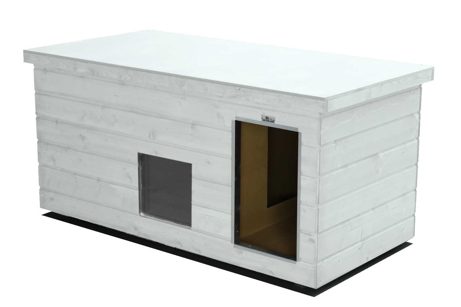 Original SAUERLAND Holz-Hundehütte mit Vorraum und Fenster, weiß imprägniert | Flachdach | Eingang Längsseite | Größe Lassie