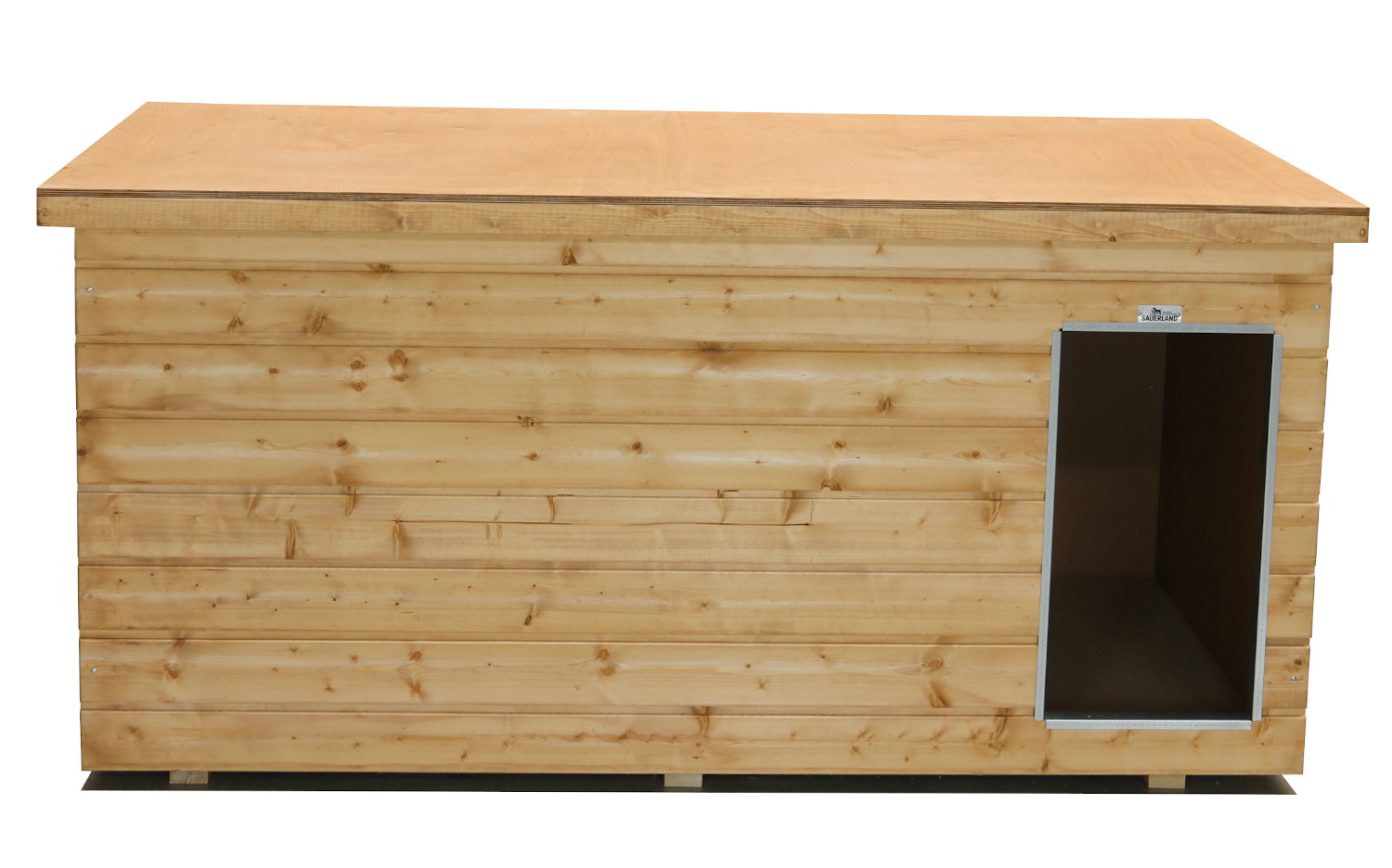 Original SAUERLAND Holz-Hundehütte mit Vorraum, braun imprägniert | Flachdach | Eingang Längsseite | Größe Dino