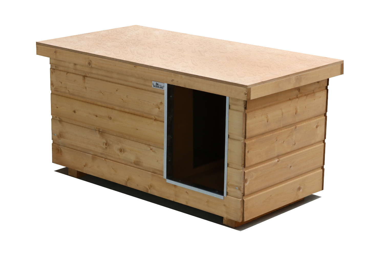 Original SAUERLAND Holz-Hundehütte mit Vorraum, braun imprägniert | Flachdach Dickschicht | Eingang Längsseite | Größe Napoleon