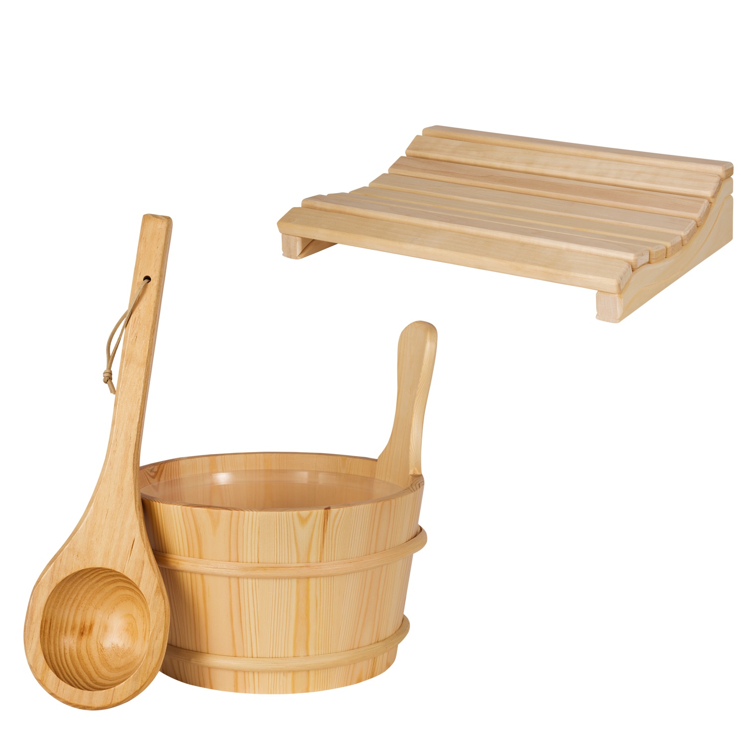 Bundle Sauna-Zubehörset Eimer und Löffel 3-teilig mit Kopfstütze Marie, Sauna-Set aus naturbelassenem Holz