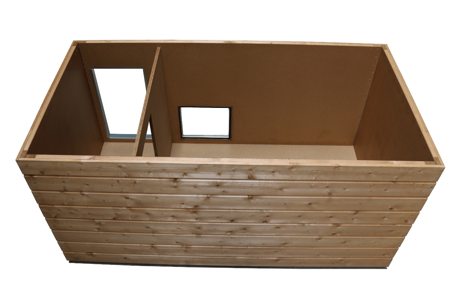 Original SAUERLAND Holz-Hundehütte mit Vorraum und Fenster, naturbelassen | Flachdach | Eingang Längsseite | Größe Lassie