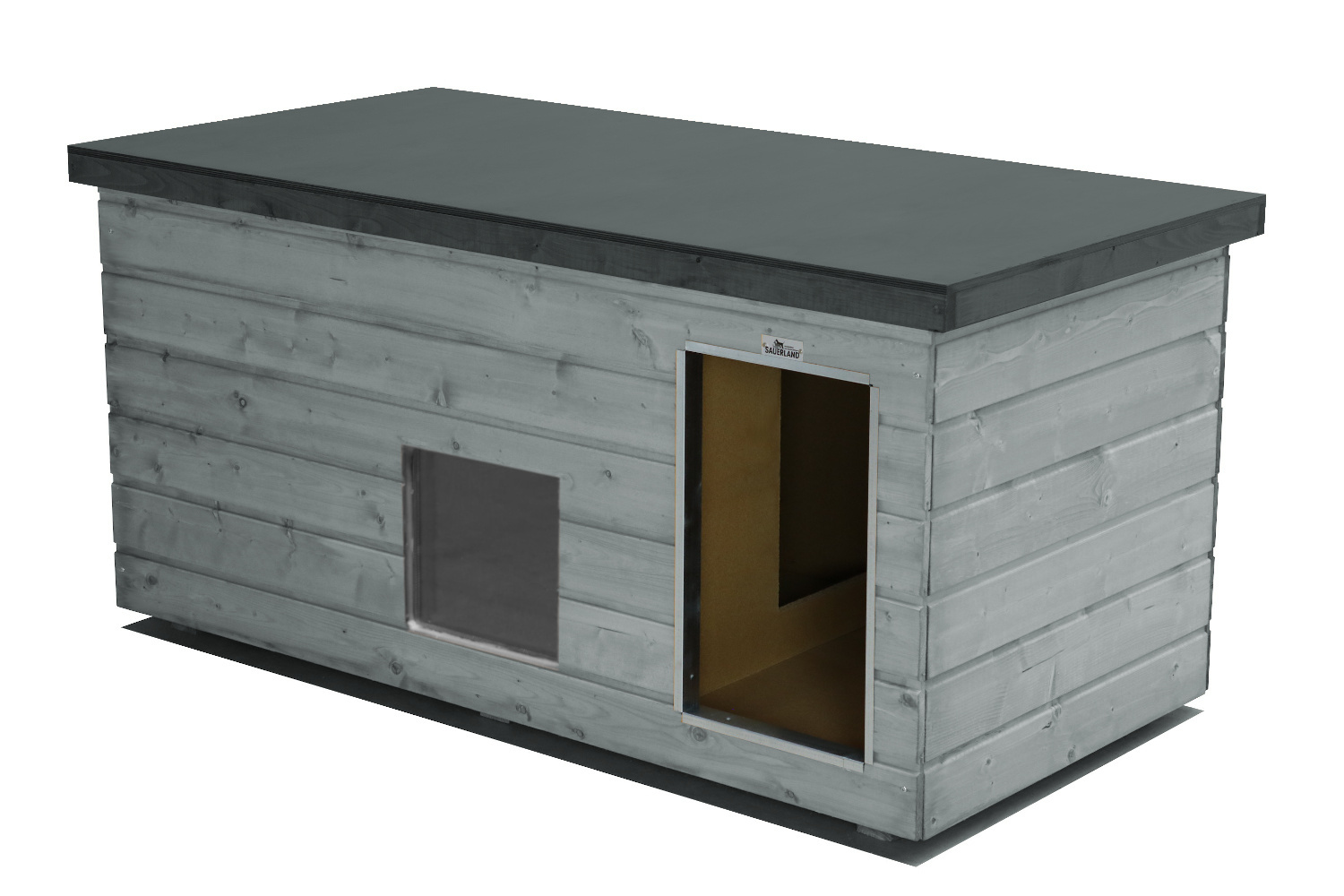 Original SAUERLAND Holz-Hundehütte mit Vorraum und Fenster, platingrau/graphitgrau | Flachdach | Eingang Längsseite | Größe Lassie