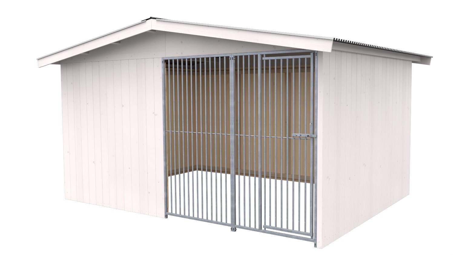 Villa Holz-Hundezwinger 3 x 4 m | Satteldach | Weiß lasiert | Rohrstab Abstand 5 cm