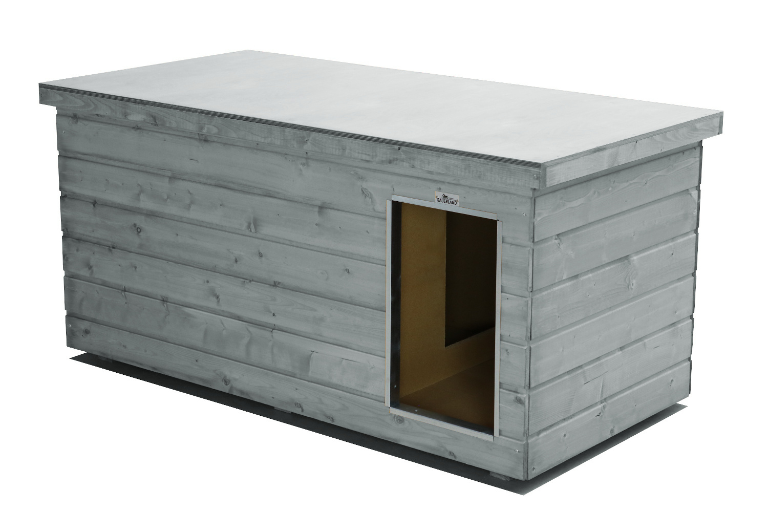 Original SAUERLAND Holz-Hundehütte mit Vorraum, platingrau | Flachdach | Eingang Längsseite | Größe Lassie