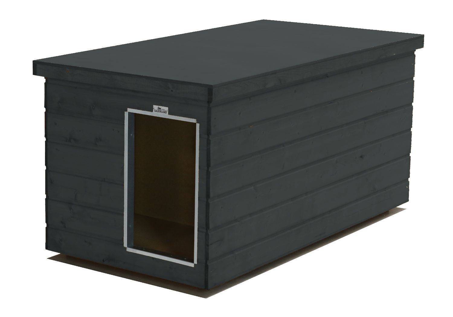 Original SAUERLAND Holz-Hundehütte mit Vorraum, graphitgrau | Flachdach | Eingang Schmalseite | Größe Lassie