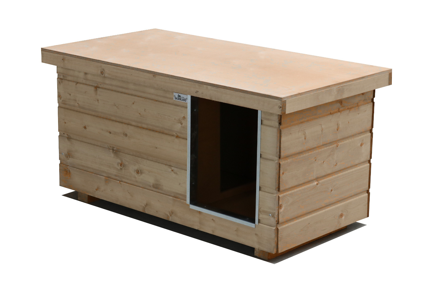 Original SAUERLAND Holz-Hundehütte mit Vorraum, naturbelassen | Flachdach | Eingang Längsseite | Größe Napoleon