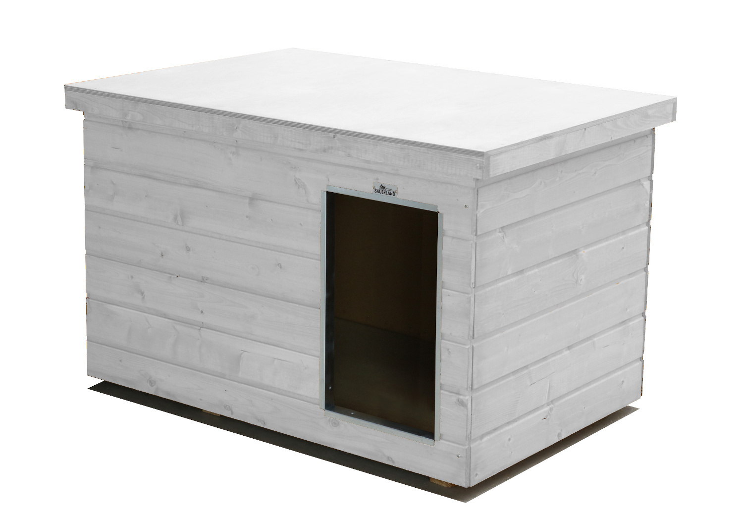 Original SAUERLAND Holz-Hundehütte weiß| Flachdach | Eingang Längsseite | Größe Lassie