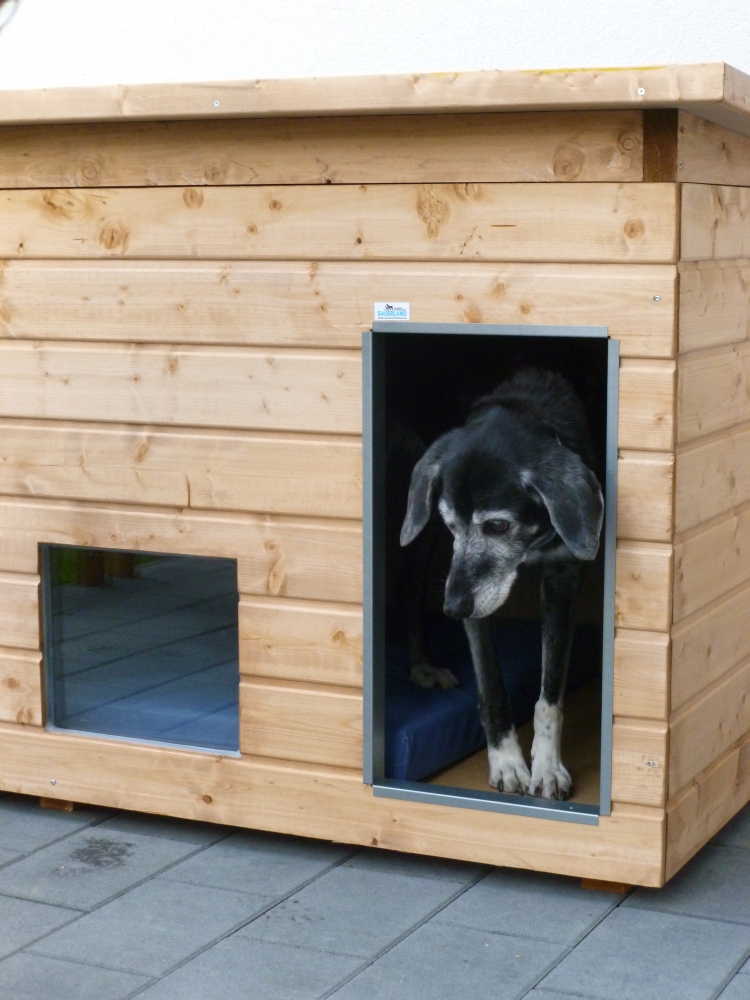 Original SAUERLAND Holz-Hundehütte mit Vorraum und Fenster, braun imprägniert | Flachdach | Eingang Längsseite | Größe Dino